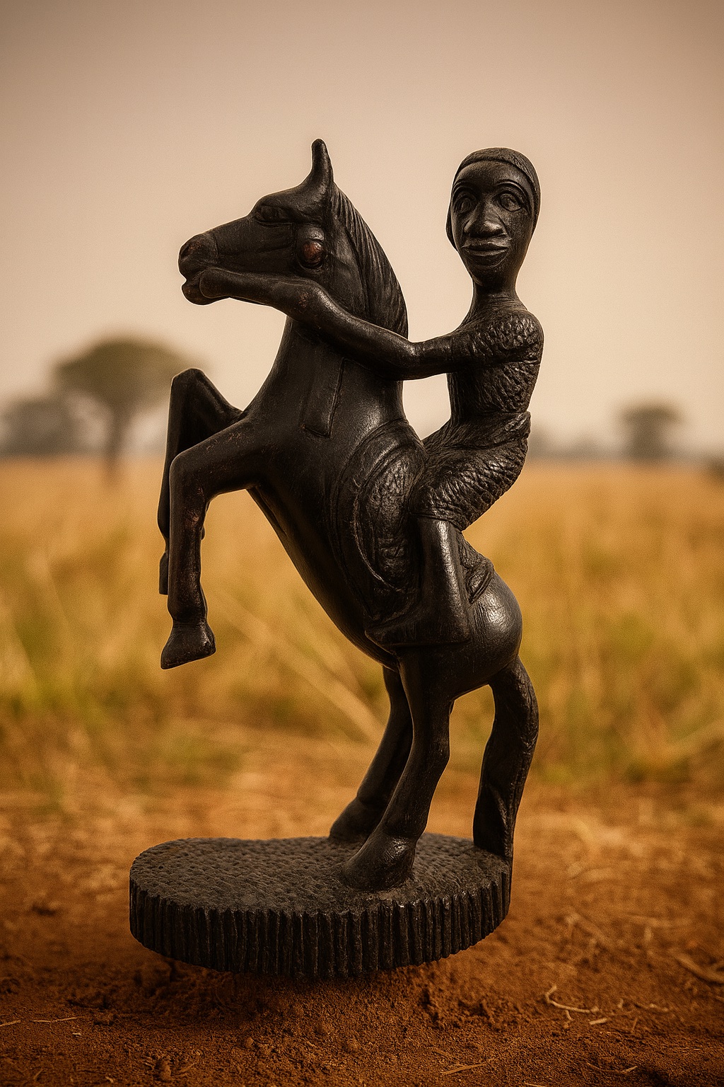 Sculpture centrafricaine d’un cavalier dans la savane