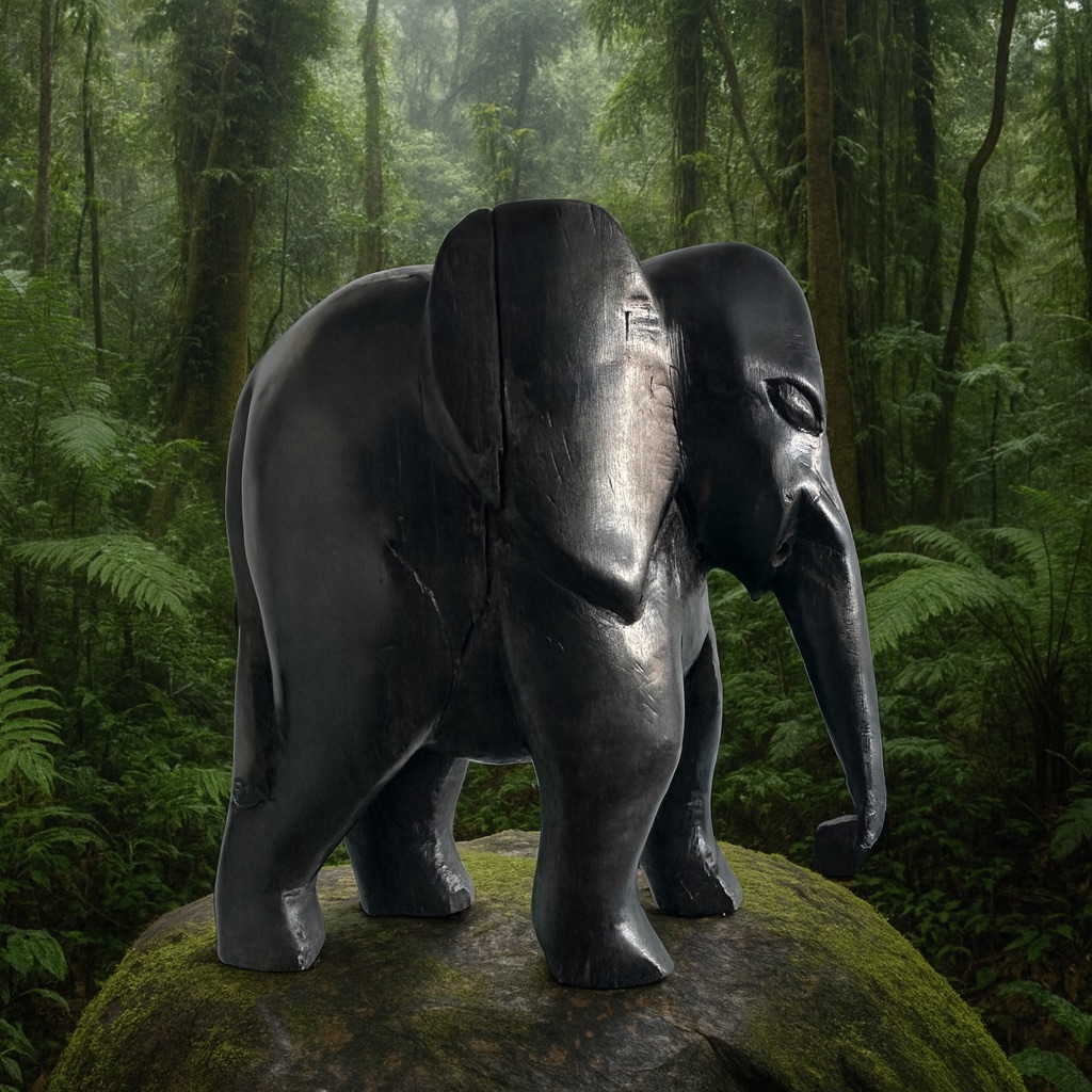 Sculpture centrafricaine d’un éléphant en bois dans la forêt